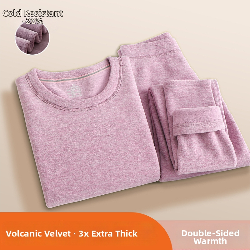 Set termic feminin din catifea vulcanică — căptușit cu fleece, ultradens, bluza cu guler rotund și mâneci lungi + pantaloni, 90–95% poliester