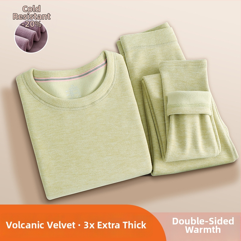 Set termic feminin din catifea vulcanică — căptușit cu fleece, ultradens, bluza cu guler rotund și mâneci lungi + pantaloni, 90–95% poliester