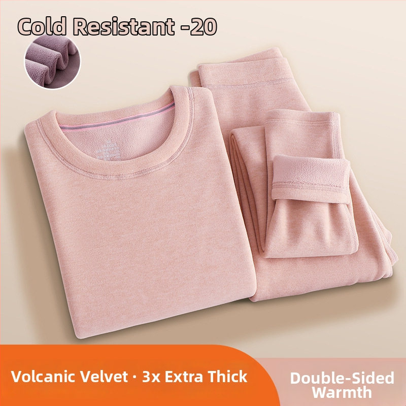 Set termic feminin din catifea vulcanică — căptușit cu fleece, ultradens, bluza cu guler rotund și mâneci lungi + pantaloni, 90–95% poliester