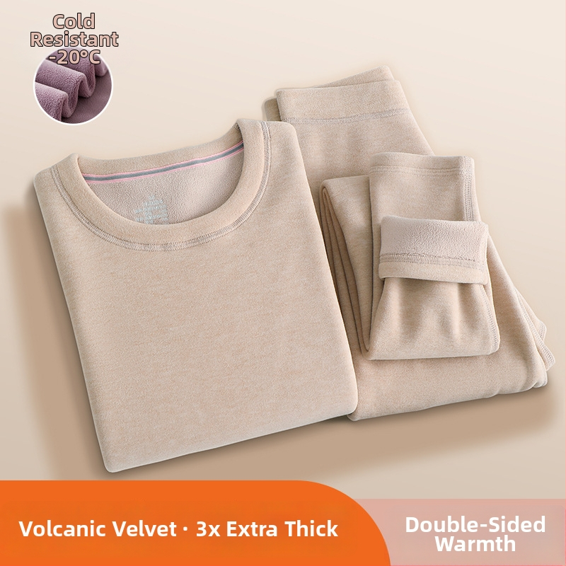Set termic feminin din catifea vulcanică — căptușit cu fleece, ultradens, bluza cu guler rotund și mâneci lungi + pantaloni, 90–95% poliester