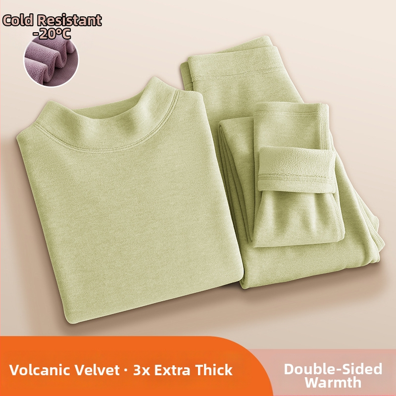 Set termic feminin din catifea vulcanică — căptușit cu fleece, ultradens, bluza cu guler rotund și mâneci lungi + pantaloni, 90–95% poliester