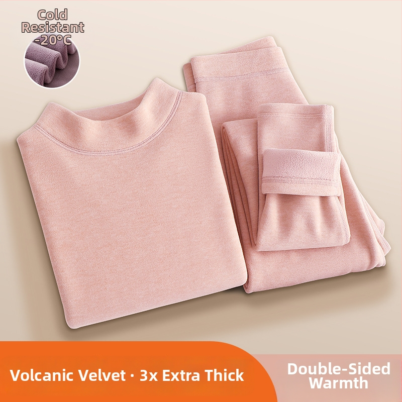 Set termic feminin din catifea vulcanică — căptușit cu fleece, ultradens, bluza cu guler rotund și mâneci lungi + pantaloni, 90–95% poliester