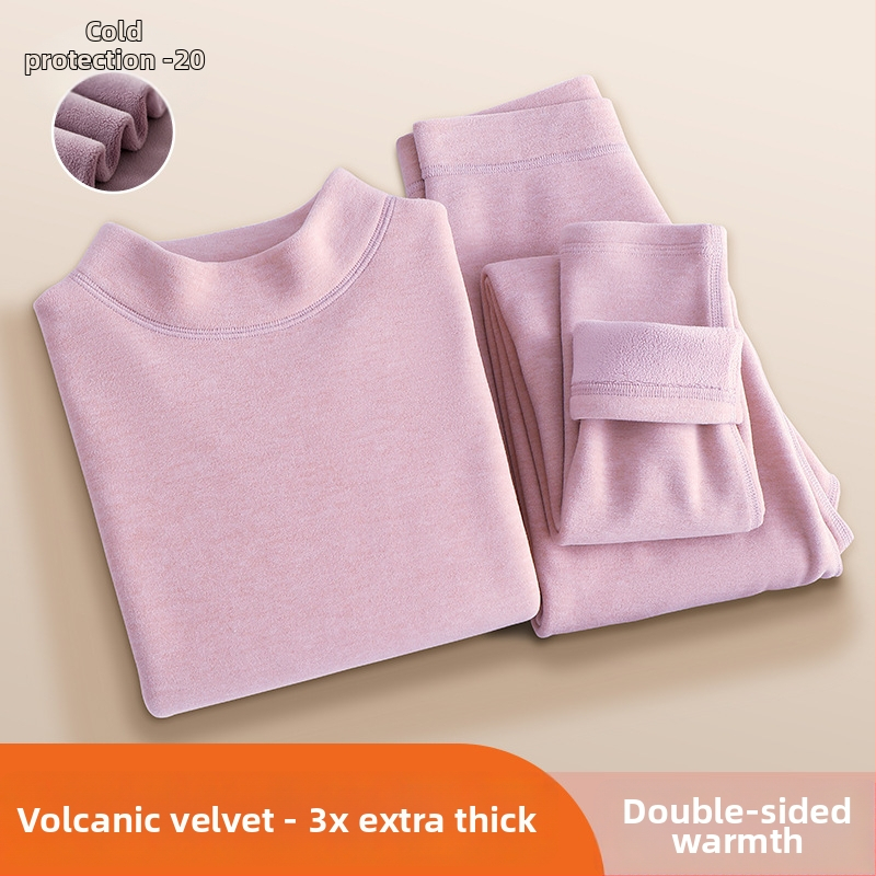 Set termic feminin din catifea vulcanică — căptușit cu fleece, ultradens, bluza cu guler rotund și mâneci lungi + pantaloni, 90–95% poliester