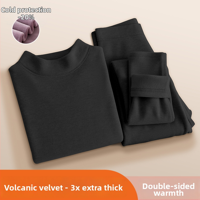 Set termic feminin din catifea vulcanică — căptușit cu fleece, ultradens, bluza cu guler rotund și mâneci lungi + pantaloni, 90–95% poliester