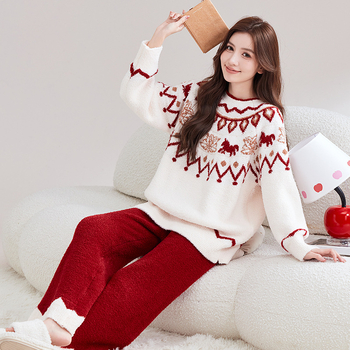 Set pijamale din catifea semi-velur, stil retro toamnă-iarnă, grosime extra 401–500 g/m², guler rotund, mâneci lungi