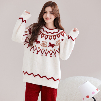 Set pijamale din catifea semi-velur, stil retro toamnă-iarnă, grosime extra 401–500 g/m², guler rotund, mâneci lungi