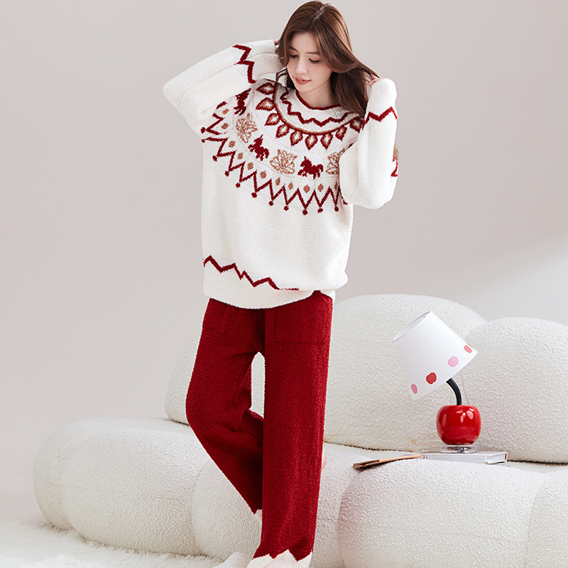 Set pijamale din catifea semi-velur, stil retro toamnă-iarnă, grosime extra 401–500 g/m², guler rotund, mâneci lungi