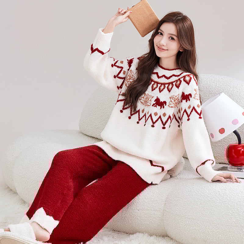 Set pijamale din catifea semi-velur, stil retro toamnă-iarnă, grosime extra 401–500 g/m², guler rotund, mâneci lungi