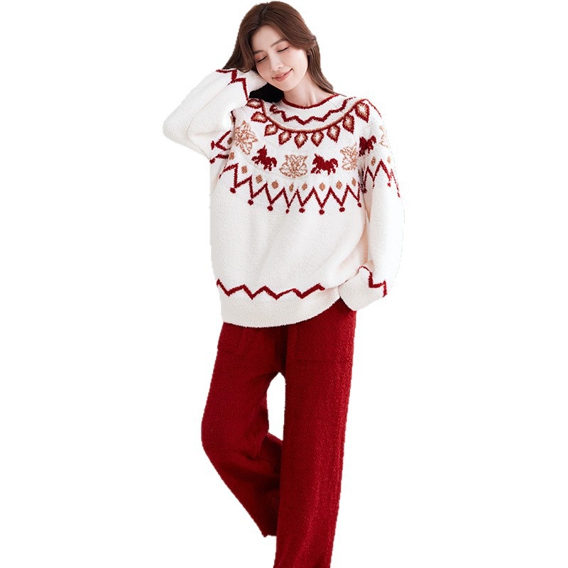 Set pijamale din catifea semi-velur, stil retro toamnă-iarnă, grosime extra 401–500 g/m², guler rotund, mâneci lungi