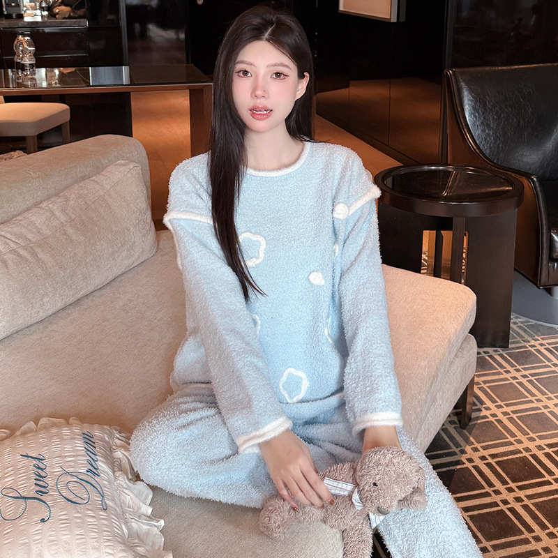 Set pijamale din catifea semi-velur, stil retro toamnă-iarnă, grosime extra 401–500 g/m², guler rotund, mâneci lungi