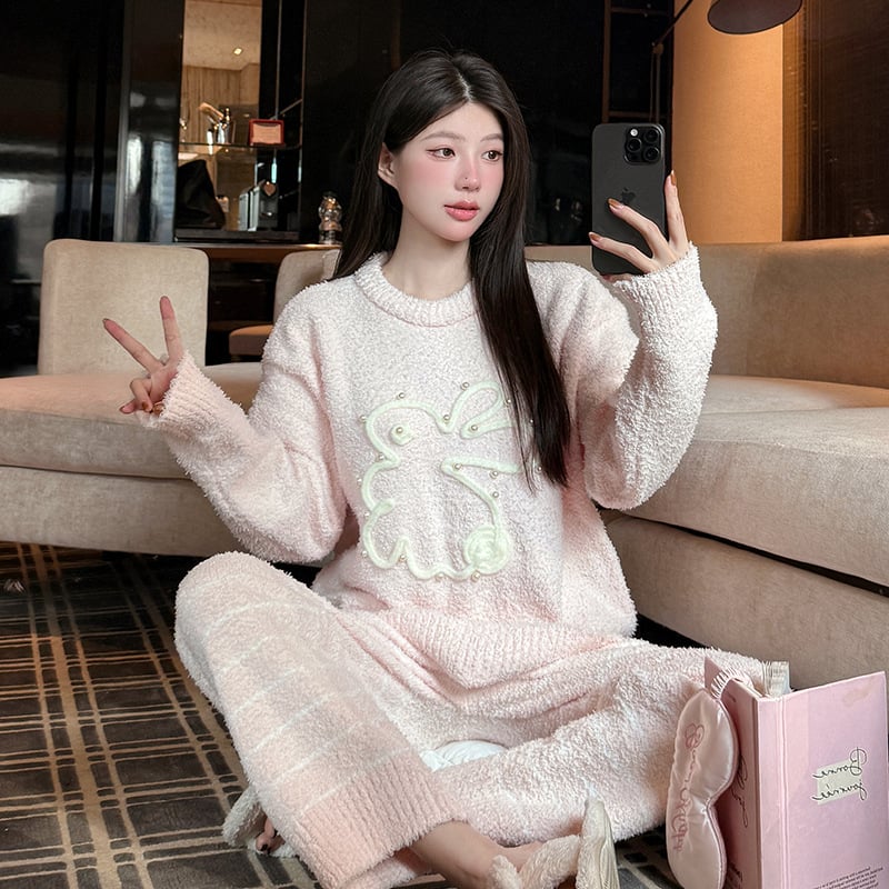 Set pijamale din catifea semi-velur, stil retro toamnă-iarnă, grosime extra 401–500 g/m², guler rotund, mâneci lungi