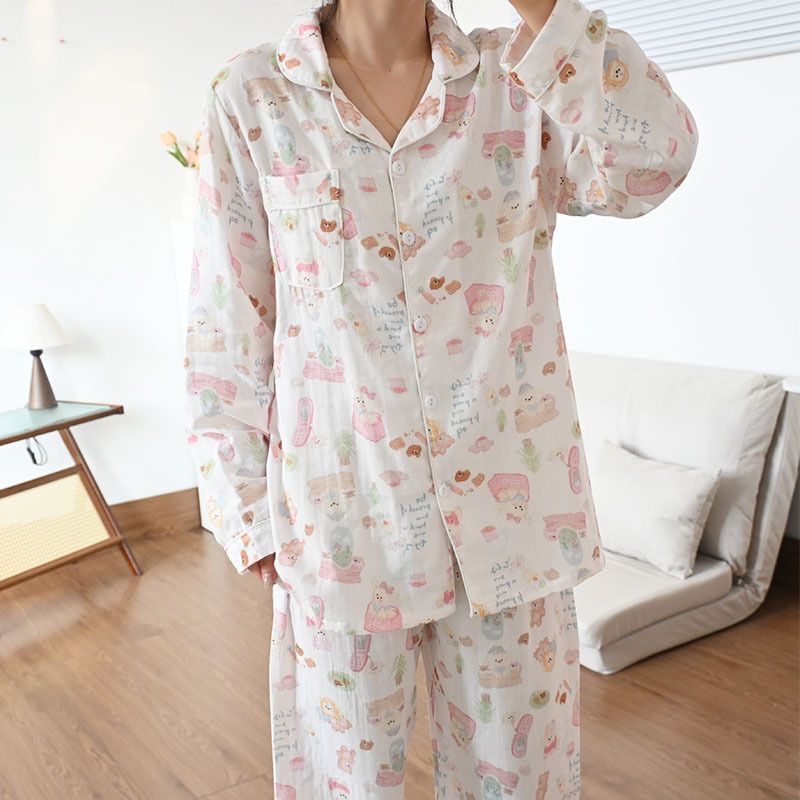 Set de pijamale din 100% bumbac, țesătură respirabilă din bumbac, top cu mânecă lungă și pantaloni, confort primăvară-vară