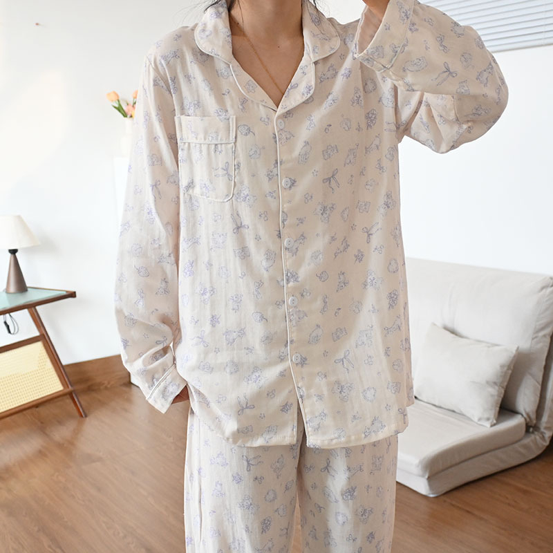 Set de pijamale din 100% bumbac, țesătură respirabilă din bumbac, top cu mânecă lungă și pantaloni, confort primăvară-vară