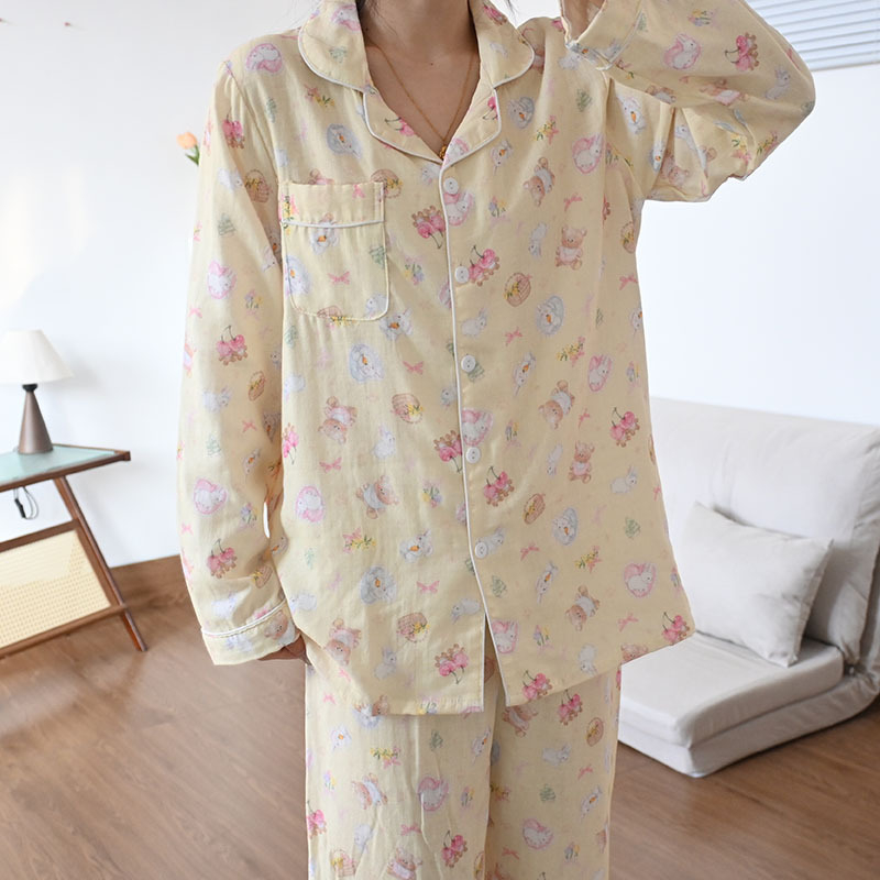 Set de pijamale din 100% bumbac, țesătură respirabilă din bumbac, top cu mânecă lungă și pantaloni, confort primăvară-vară