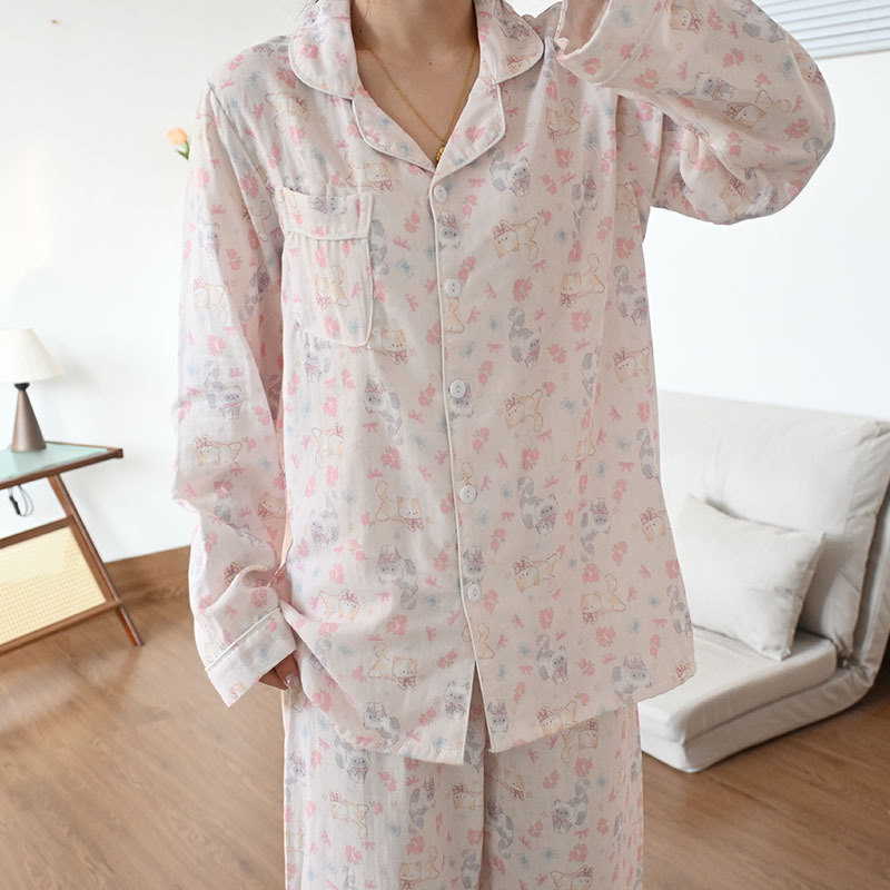 Set de pijamale din 100% bumbac, țesătură respirabilă din bumbac, top cu mânecă lungă și pantaloni, confort primăvară-vară