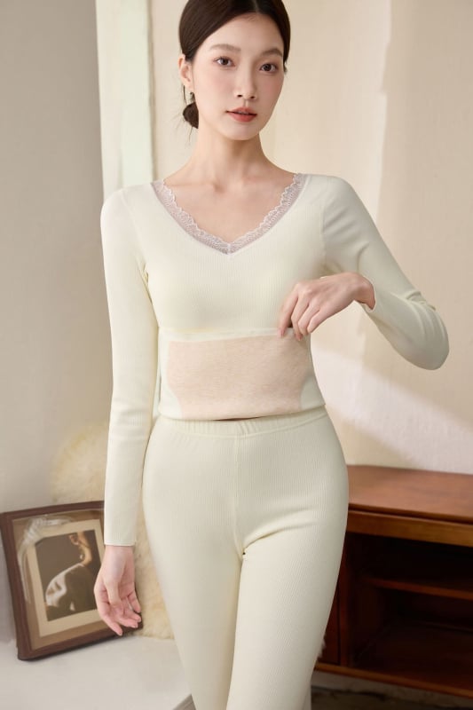 Set termic femei cu inserții la sân – top gros și pantaloni, fără cusături, nailon, căptușeală velur, decolteu în V, mâneci lungi