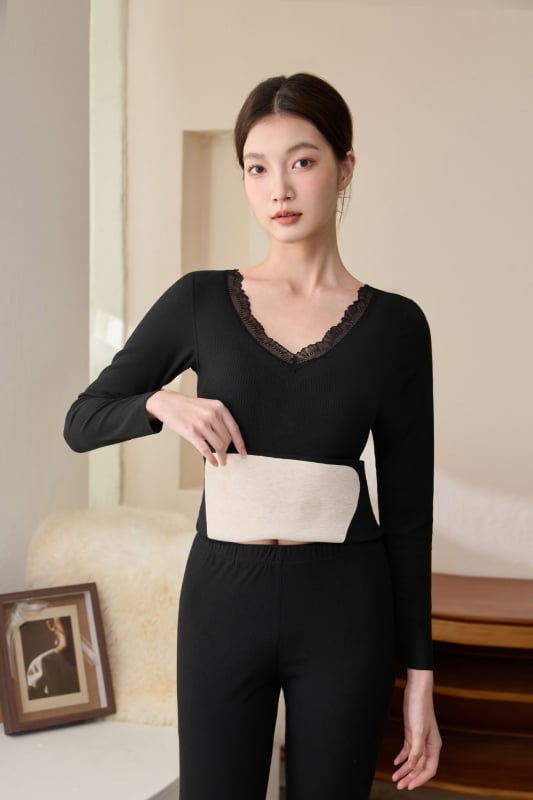 Set termic femei cu inserții la sân – top gros și pantaloni, fără cusături, nailon, căptușeală velur, decolteu în V, mâneci lungi
