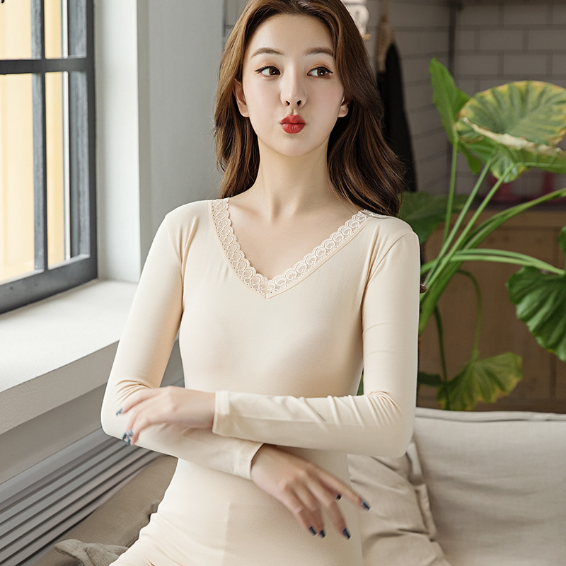 Set termic pentru femei: 95% bumbac combed, pulover cu decolteu în V și mâneci lungi, pantaloni, culoare uni