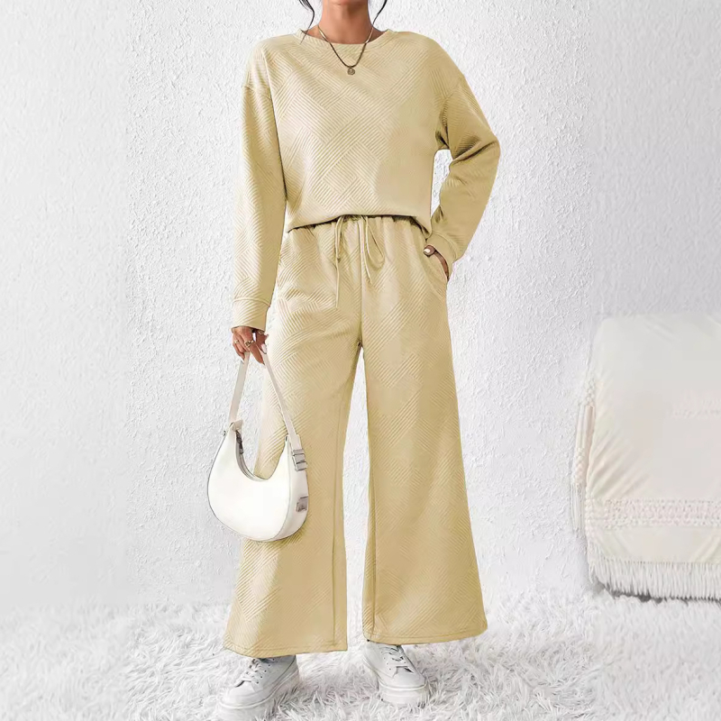 Дамски панталонен костюм за ежедневието с диамантен принт, полиестерна тъкан, дълги ръкави, текстура с връзка (Диамантен принт, полиестерна тъкан, дълги ръкави, текстура с връзка, панталонен костюм)