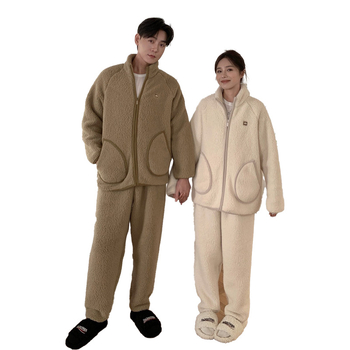 Σετ πιτζάμες από μαλλί αρνιού, unisex, σε στυλ καρντγκάν με όρθιο γιακά, παχύ χειμωνιάτικη άνετη ενδυμασία για σπίτι και εξωτερικούς χώρους