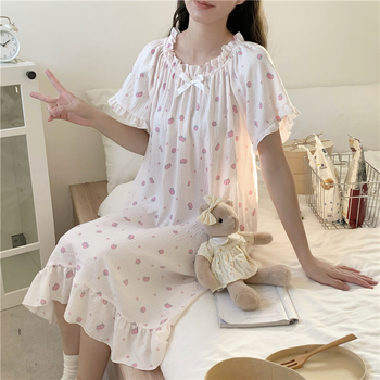 Γυναικείο νυχτικό από cloud cotton, μακριά φούστα, μανίκια 3/4, στρογγυλή λαιμόκοψη, στυλ πριγκίπισσα/φαντασίας