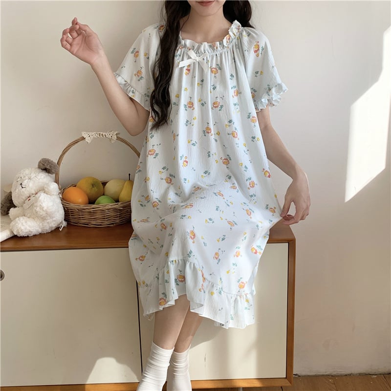 Γυναικείο νυχτικό από cloud cotton, μακριά φούστα, μανίκια 3/4, στρογγυλή λαιμόκοψη, στυλ πριγκίπισσα/φαντασίας