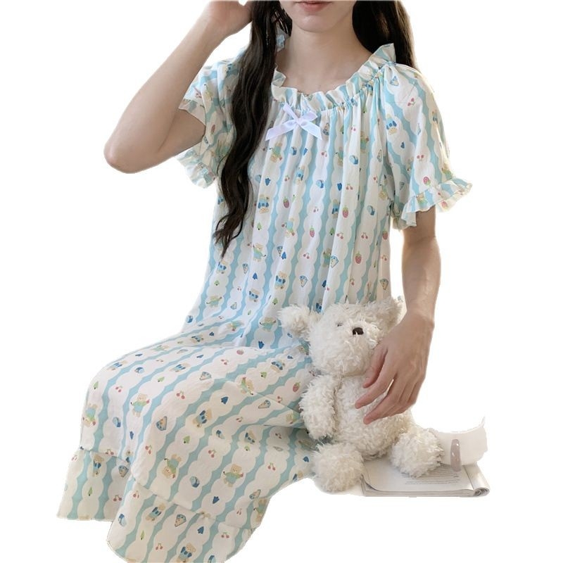 Γυναικείο νυχτικό από cloud cotton, μακριά φούστα, μανίκια 3/4, στρογγυλή λαιμόκοψη, στυλ πριγκίπισσα/φαντασίας