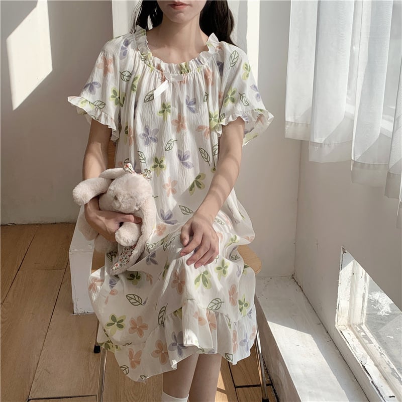 Γυναικείο νυχτικό από cloud cotton, μακριά φούστα, μανίκια 3/4, στρογγυλή λαιμόκοψη, στυλ πριγκίπισσα/φαντασίας