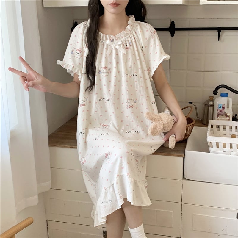 Γυναικείο νυχτικό από cloud cotton, μακριά φούστα, μανίκια 3/4, στρογγυλή λαιμόκοψη, στυλ πριγκίπισσα/φαντασίας