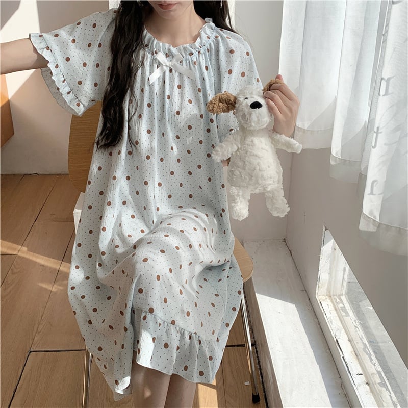 Γυναικείο νυχτικό από cloud cotton, μακριά φούστα, μανίκια 3/4, στρογγυλή λαιμόκοψη, στυλ πριγκίπισσα/φαντασίας