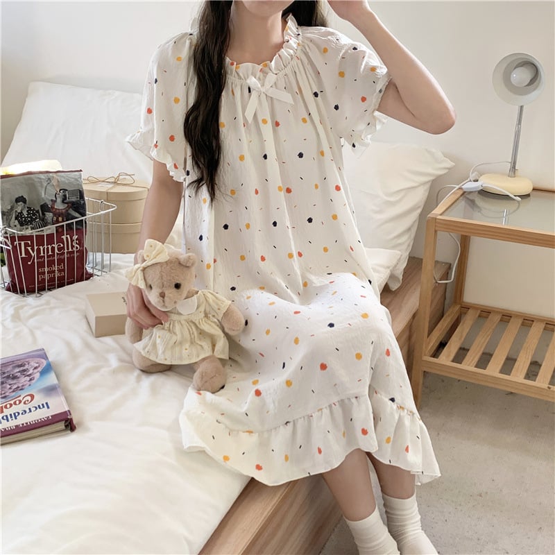 Γυναικείο νυχτικό από cloud cotton, μακριά φούστα, μανίκια 3/4, στρογγυλή λαιμόκοψη, στυλ πριγκίπισσα/φαντασίας