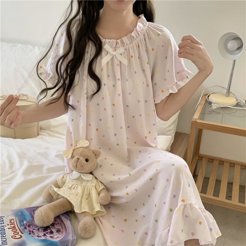 Γυναικείο νυχτικό από cloud cotton, μακριά φούστα, μανίκια 3/4, στρογγυλή λαιμόκοψη, στυλ πριγκίπισσα/φαντασίας