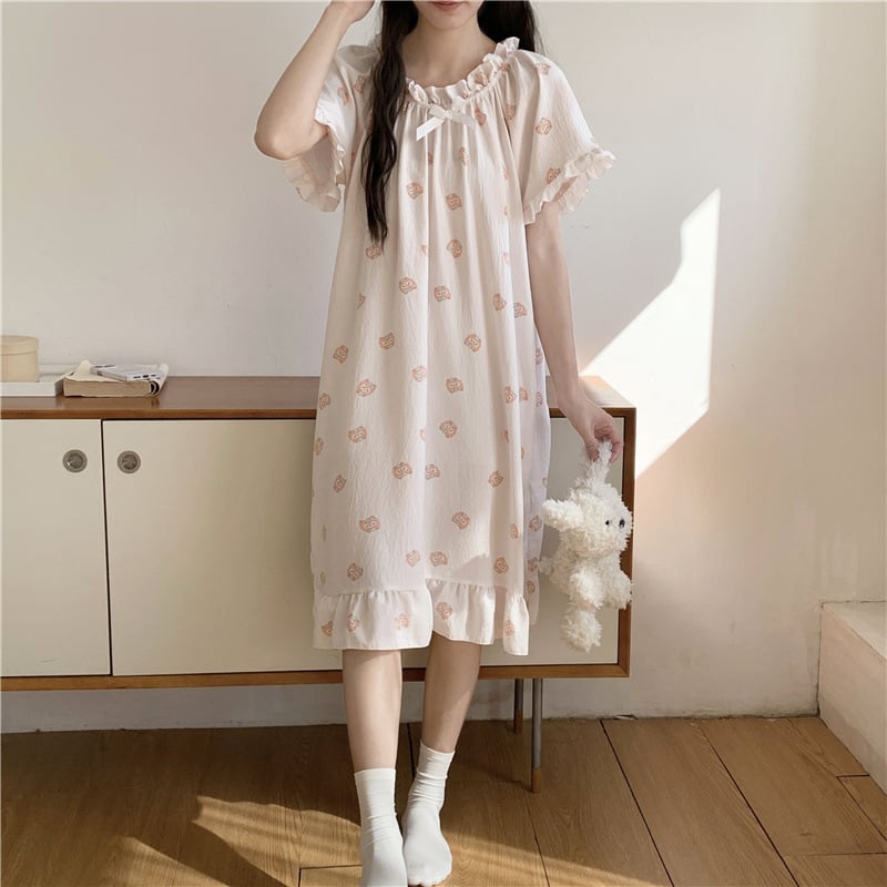 Γυναικείο νυχτικό από cloud cotton, μακριά φούστα, μανίκια 3/4, στρογγυλή λαιμόκοψη, στυλ πριγκίπισσα/φαντασίας