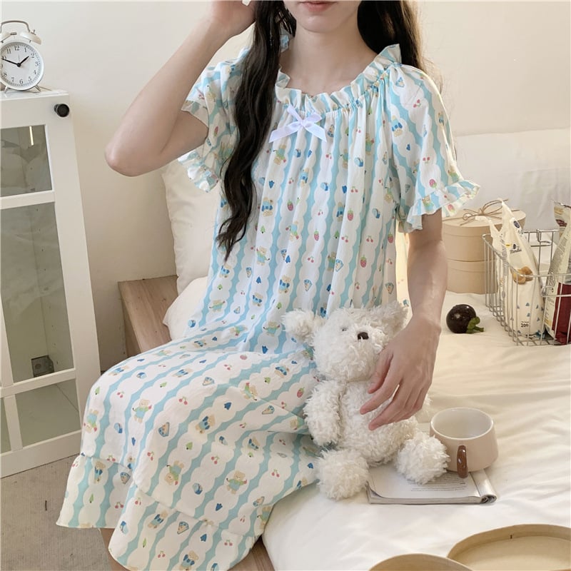 Γυναικείο νυχτικό από cloud cotton, μακριά φούστα, μανίκια 3/4, στρογγυλή λαιμόκοψη, στυλ πριγκίπισσα/φαντασίας