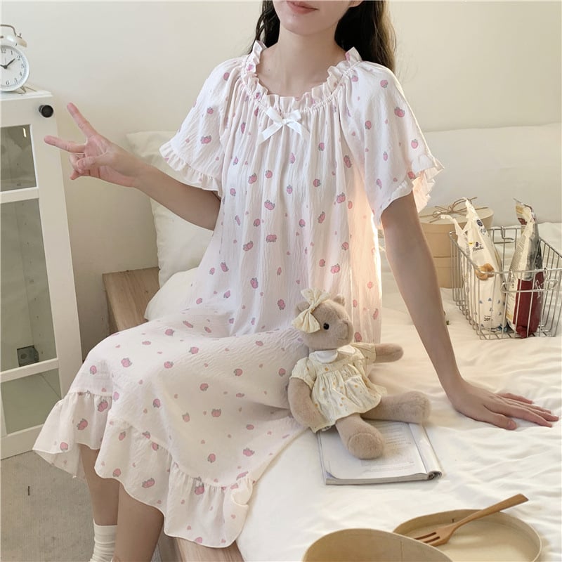 Γυναικείο νυχτικό από cloud cotton, μακριά φούστα, μανίκια 3/4, στρογγυλή λαιμόκοψη, στυλ πριγκίπισσα/φαντασίας