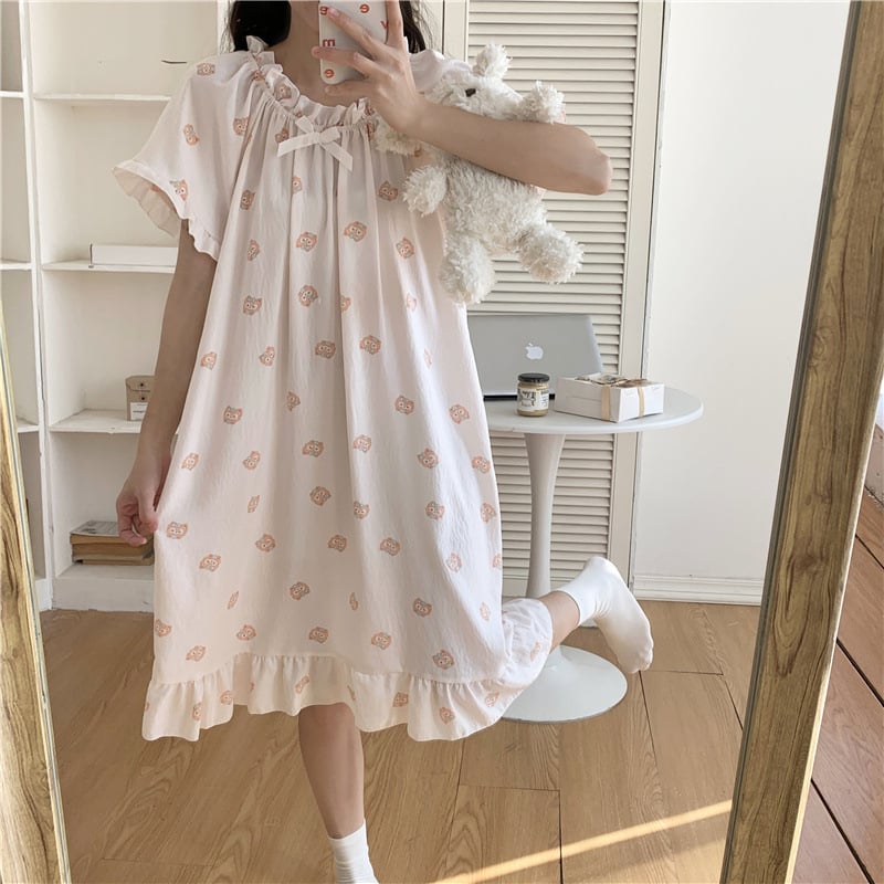 Γυναικείο νυχτικό από cloud cotton, μακριά φούστα, μανίκια 3/4, στρογγυλή λαιμόκοψη, στυλ πριγκίπισσα/φαντασίας