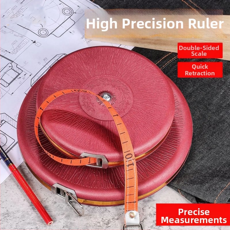 Mjerna traka: mekana platnena vlaknasta traka, kružni mjerač, duljine 20 m, 30 m, 50 m i 100 m