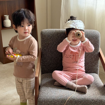 детски есенен безшевен пижамен комплект от ликра, унисекс - 95% памук, антибактериален 10A, Leisure стил, 2025 г.