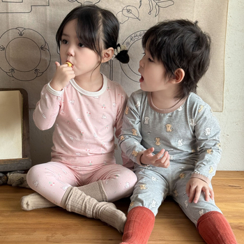 детски есенен безшевен пижамен комплект от ликра, унисекс - 95% памук, антибактериален 10A, Leisure стил, 2025 г.