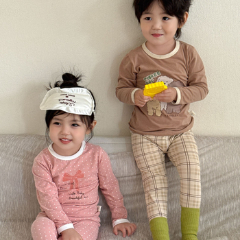 детски есенен безшевен пижамен комплект от ликра, унисекс - 95% памук, антибактериален 10A, Leisure стил, 2025 г.