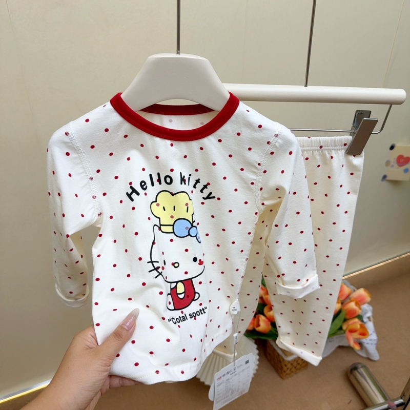 детски есенен безшевен пижамен комплект от ликра, унисекс - 95% памук, антибактериален 10A, Leisure стил, 2025 г.