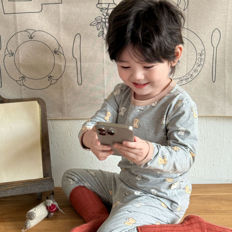 детски есенен безшевен пижамен комплект от ликра, унисекс - 95% памук, антибактериален 10A, Leisure стил, 2025 г.