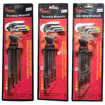 Hatszögletű imbuszkulcs készlet hosszított Torx‑szerű belső hatszögű kulcsokkal, króm‑vanádium acélból