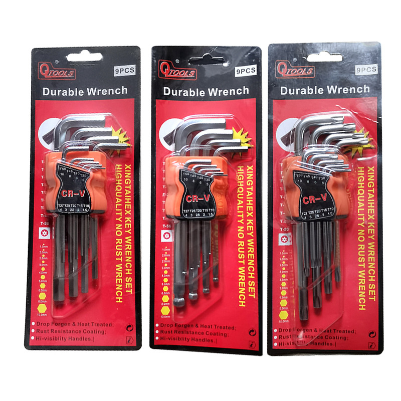 Hatszögletű imbuszkulcs készlet hosszított Torx‑szerű belső hatszögű kulcsokkal, króm‑vanádium acélból