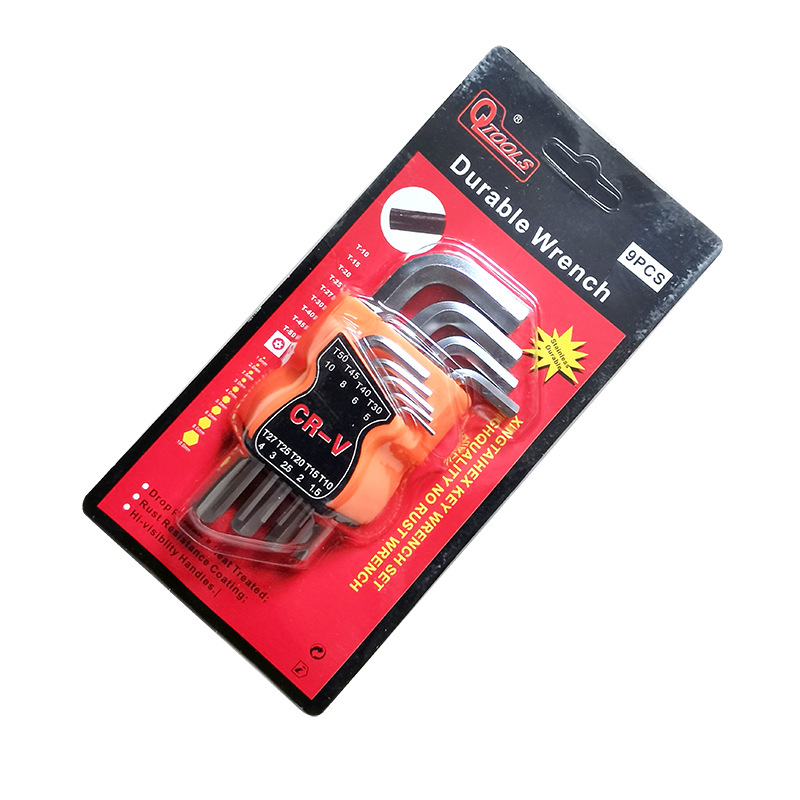 Hatszögletű imbuszkulcs készlet hosszított Torx‑szerű belső hatszögű kulcsokkal, króm‑vanádium acélból