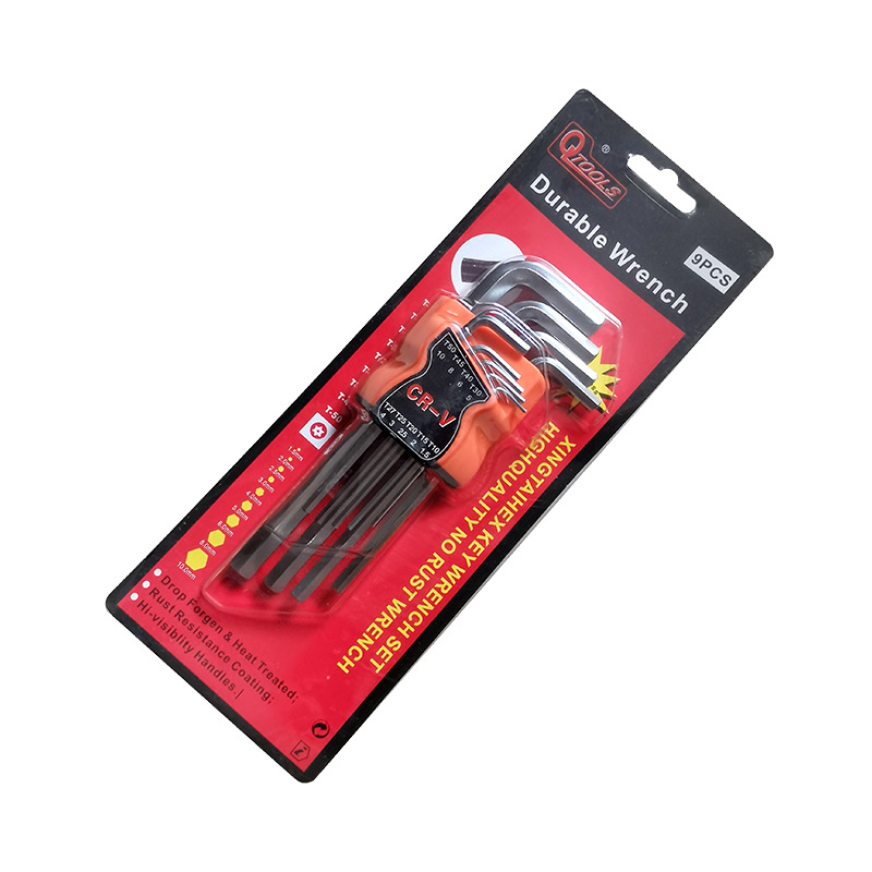 Hatszögletű imbuszkulcs készlet hosszított Torx‑szerű belső hatszögű kulcsokkal, króm‑vanádium acélból