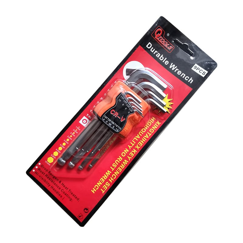 Hatszögletű imbuszkulcs készlet hosszított Torx‑szerű belső hatszögű kulcsokkal, króm‑vanádium acélból