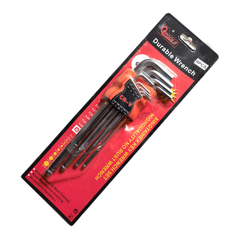 Hatszögletű imbuszkulcs készlet hosszított Torx‑szerű belső hatszögű kulcsokkal, króm‑vanádium acélból