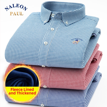 Meeste puuvillane särk pikkade varrukatega, fliisvooder, houndstooth muster, ruudukujuline krae