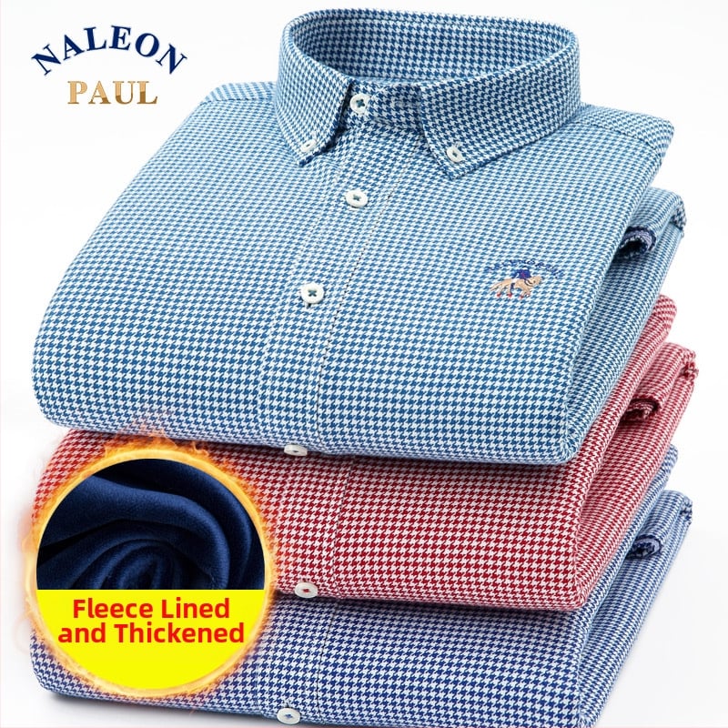 Meeste puuvillane särk pikkade varrukatega, fliisvooder, houndstooth muster, ruudukujuline krae